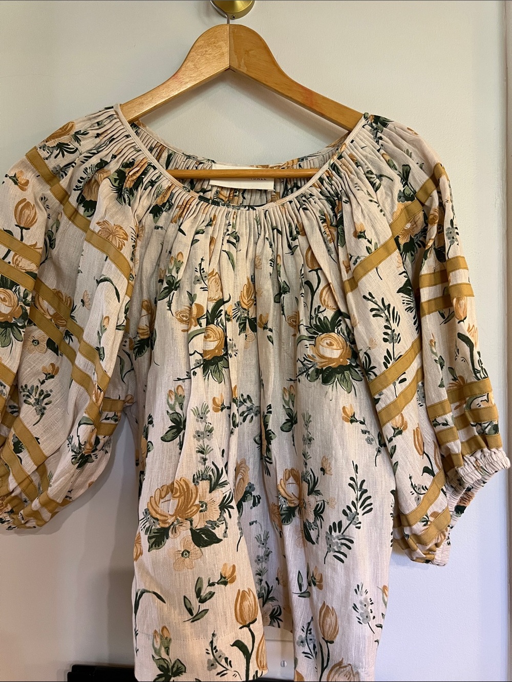 Loeffler Randall Cream Floral Peasant Top with Mustard Accents